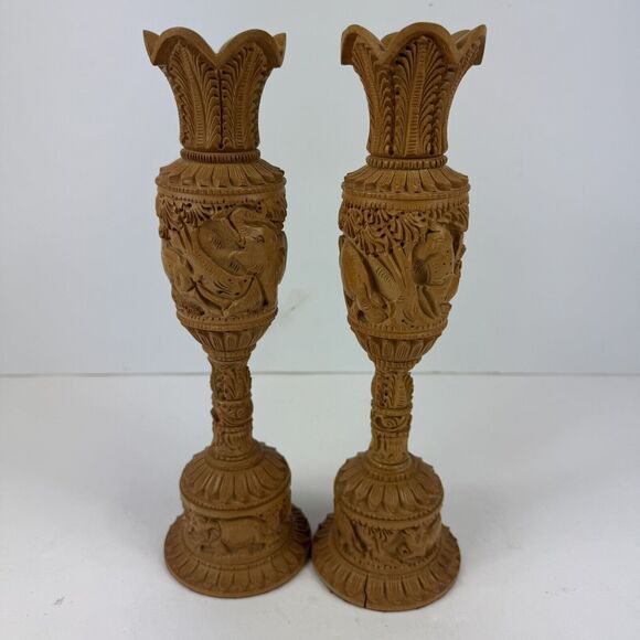 Pair Hand Carved Wooden Flower Vintage Vase Elephant Lion Home Garden Decor Art - Picture 5 of 10